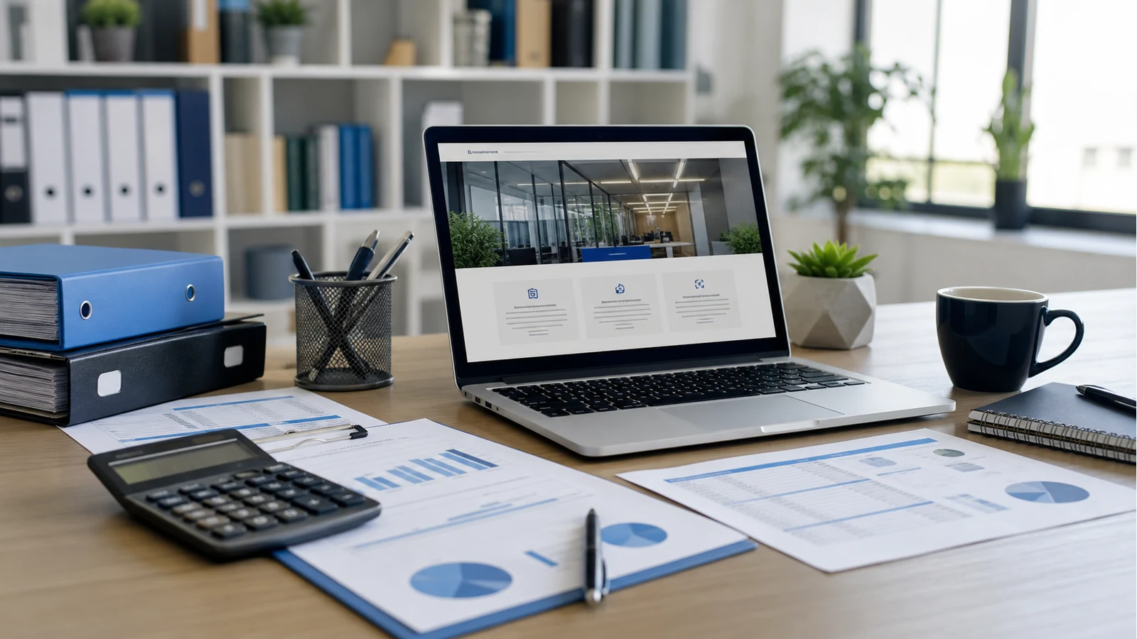 Mockup comercial premium para la sección hero de contadores y estudios contables: computadora, tablet y teléfono mostrando una web del rubro, fondo realista del contexto.