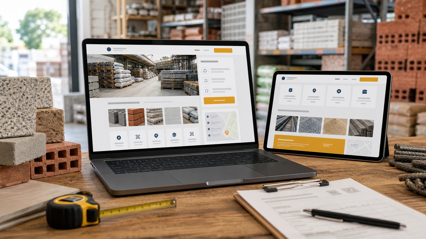 Pantalla o composición visual mostrando servicios, fotos, ubicación, contacto, propuesta comercial y estructura de corralon de forma clara.
