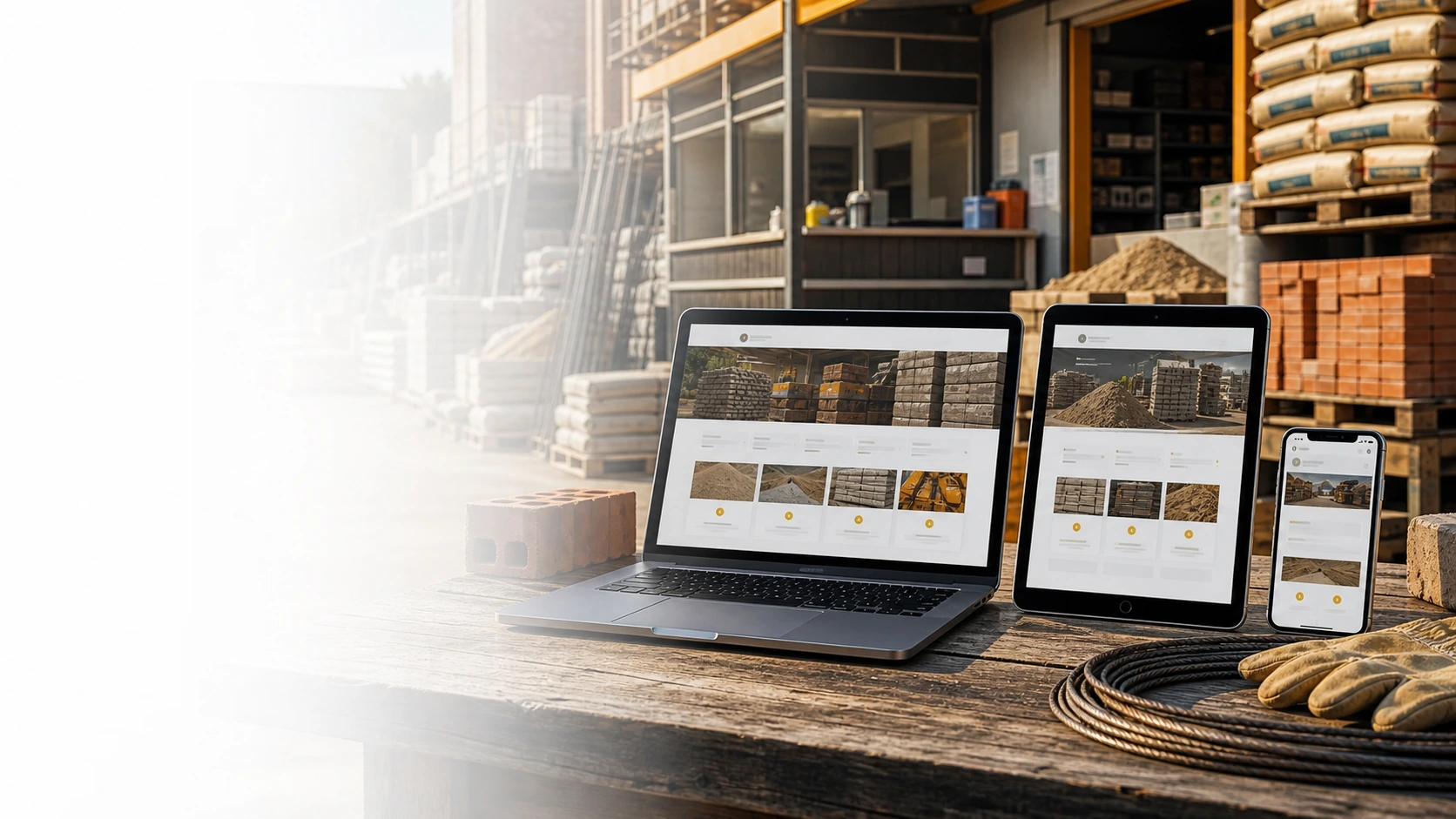 Mockup comercial premium para la sección hero de corralon: computadora, tablet y teléfono mostrando una web del rubro, fondo realista del contexto.