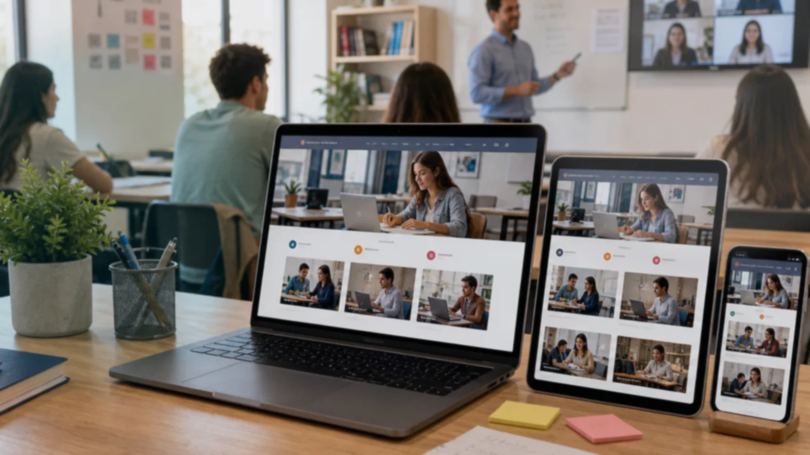 Pantalla o composición visual mostrando servicios, fotos, ubicación, contacto, propuesta comercial y estructura de cursos y capacitaciones de forma clara.