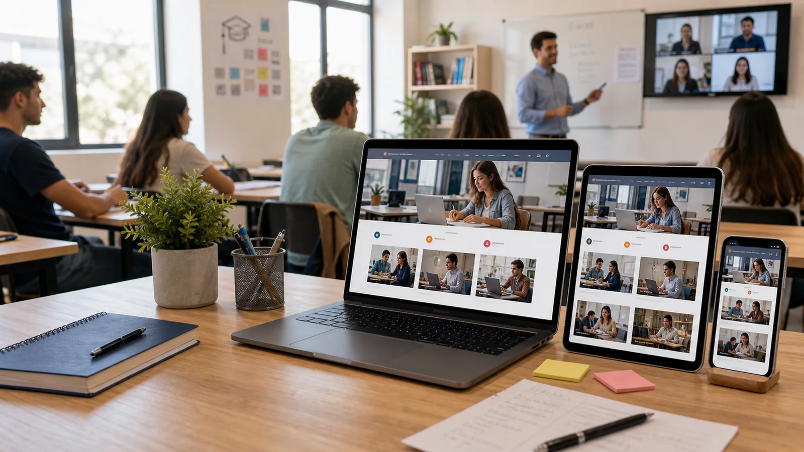 Mockup comercial premium para la sección hero de cursos y capacitaciones: computadora, tablet y teléfono mostrando una web del rubro, fondo realista del contexto.