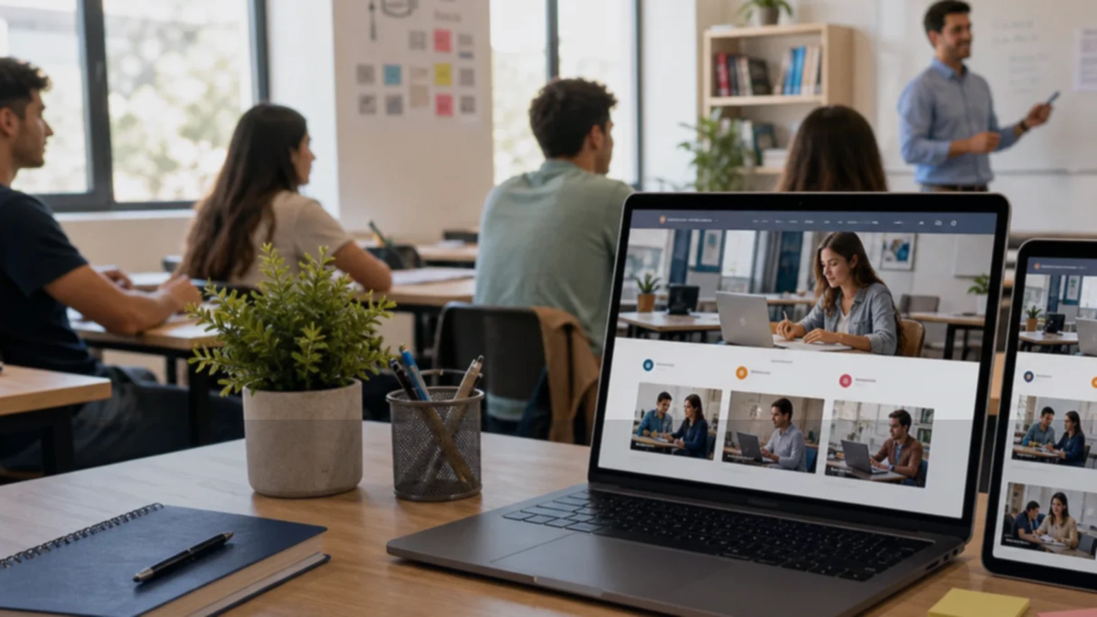 Persona o equipo de cursos y capacitaciones gestionando consultas, turnos, reservas, pedidos, presupuestos o mensajes desde notebook/celular.