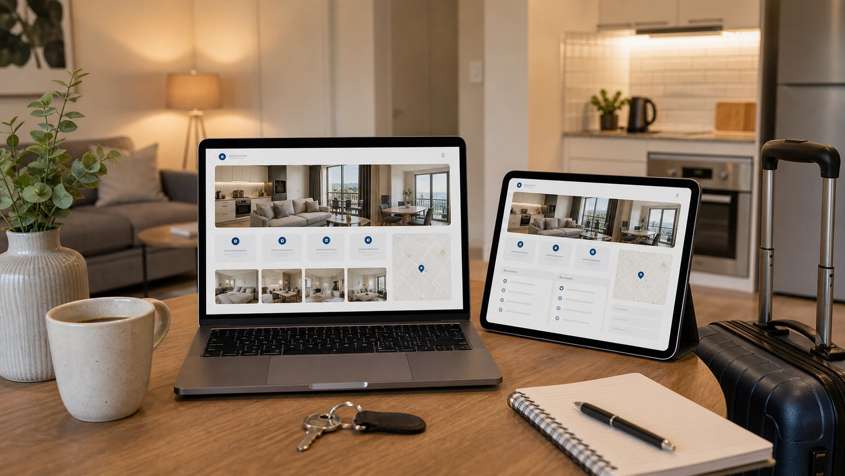 Pantalla o composición visual mostrando servicios, fotos, ubicación, contacto, propuesta comercial y estructura de alquiler temporario de forma clara.