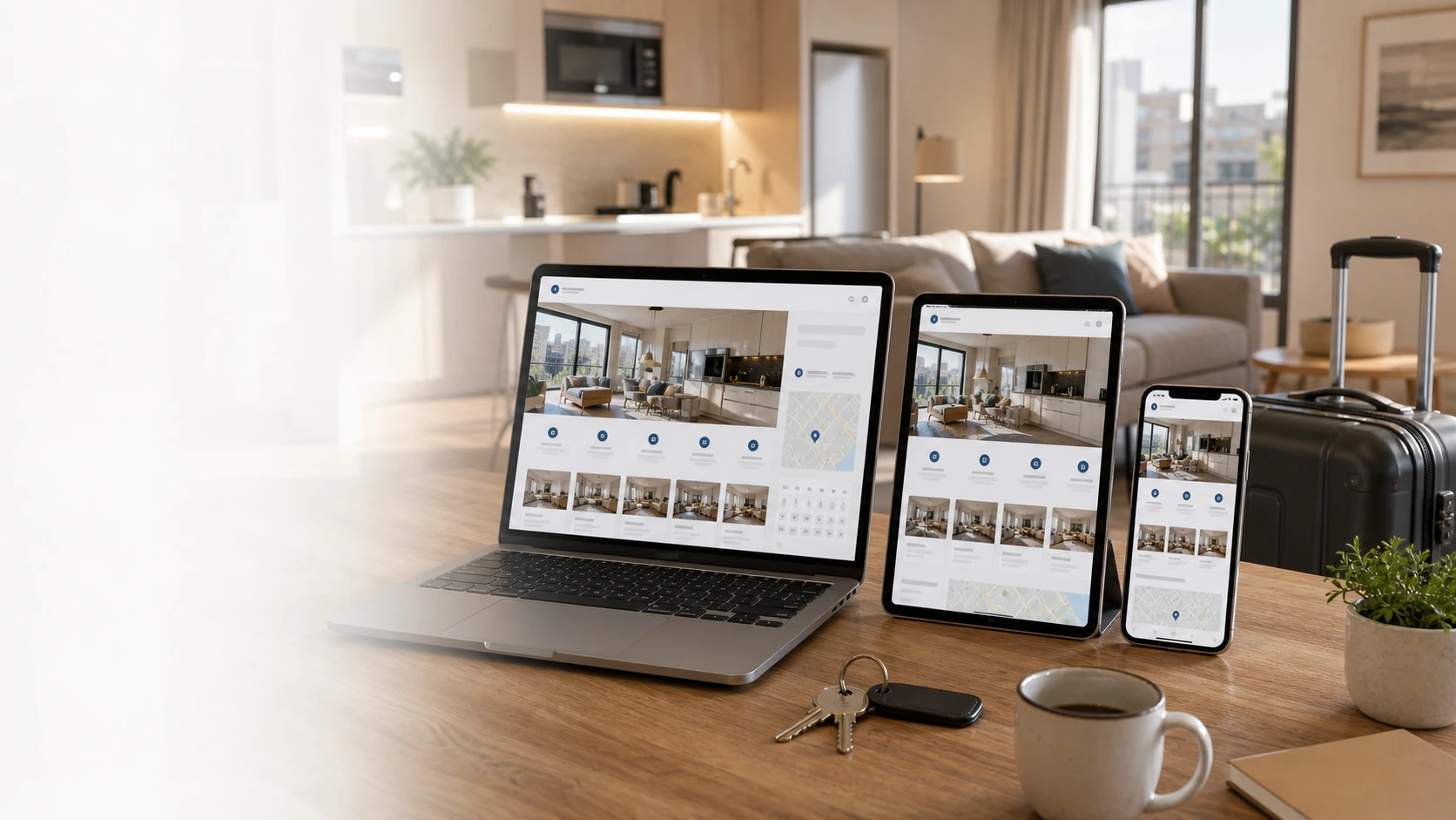 Mockup comercial premium para la sección hero de alquiler temporario: computadora, tablet y teléfono mostrando una web del rubro, fondo realista del contexto.