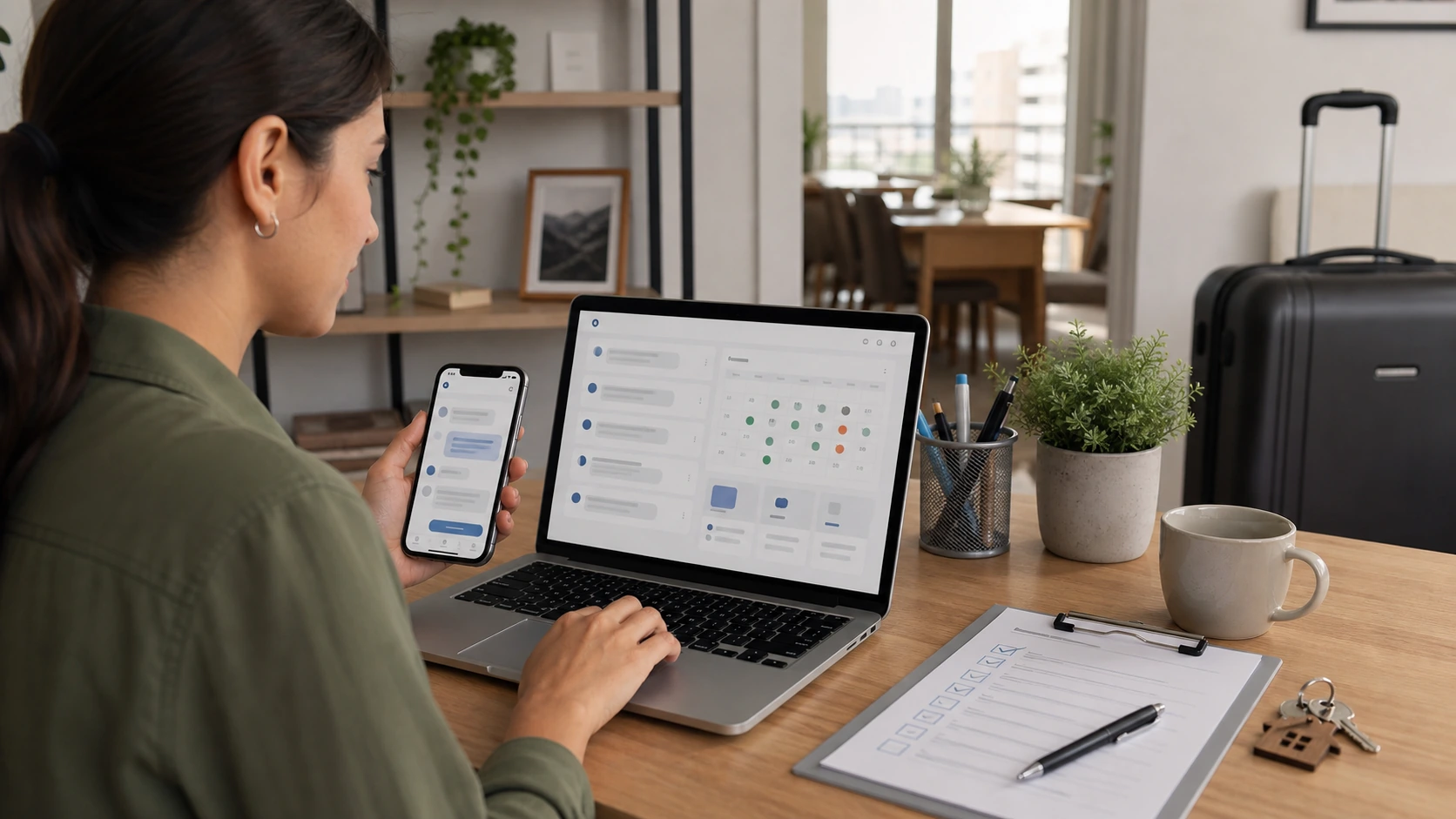 Persona o equipo de alquiler temporario gestionando consultas, turnos, reservas, pedidos, presupuestos o mensajes desde notebook/celular.
