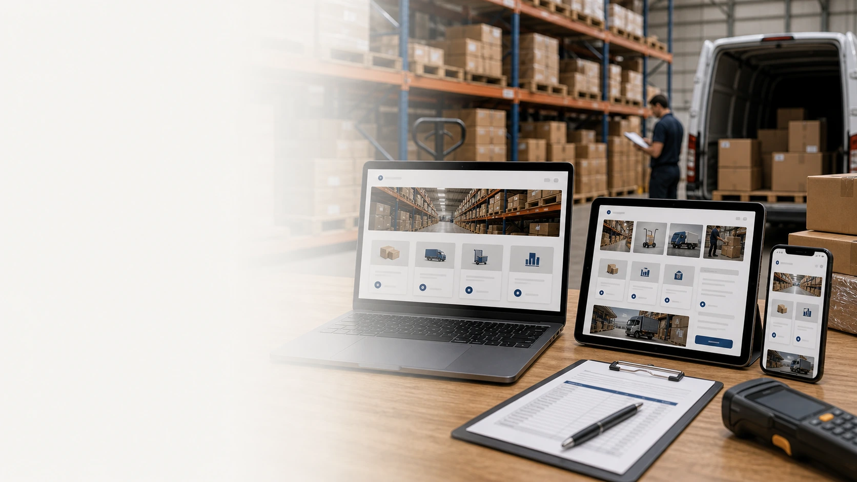 Mockup comercial premium para la sección hero de distribuidora: computadora, tablet y teléfono mostrando una web del rubro, fondo realista del contexto.