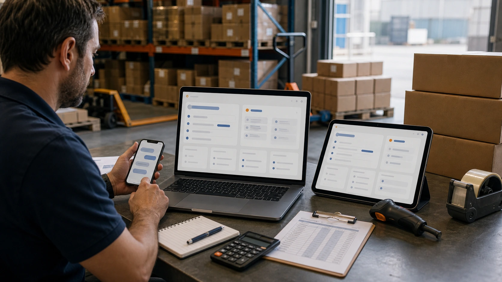 Persona o equipo de distribuidora gestionando consultas, turnos, reservas, pedidos, presupuestos o mensajes desde notebook/celular.