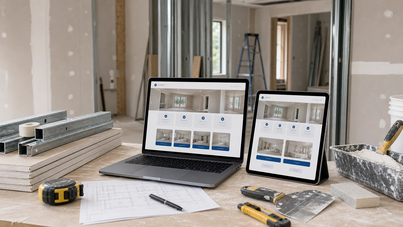Pantalla o composición visual mostrando servicios, fotos, ubicación, contacto, propuesta comercial y estructura de servicio de durlock y construccion en seco de forma clara.