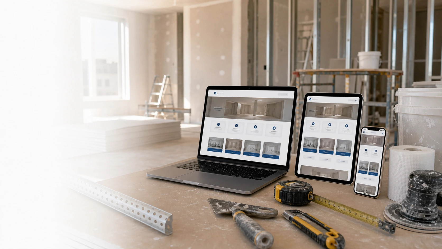 Mockup comercial premium para la sección hero de servicio de durlock y construccion en seco: computadora, tablet y teléfono mostrando una web del rubro, fondo realista del contexto.