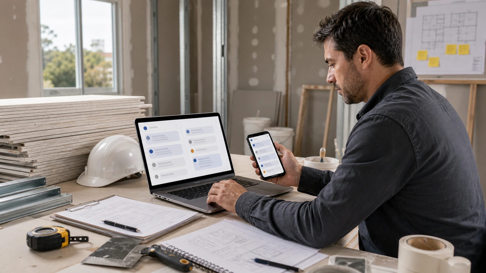 Persona o equipo de servicio de durlock y construccion en seco gestionando consultas, turnos, reservas, pedidos, presupuestos o mensajes desde notebook/celular.
