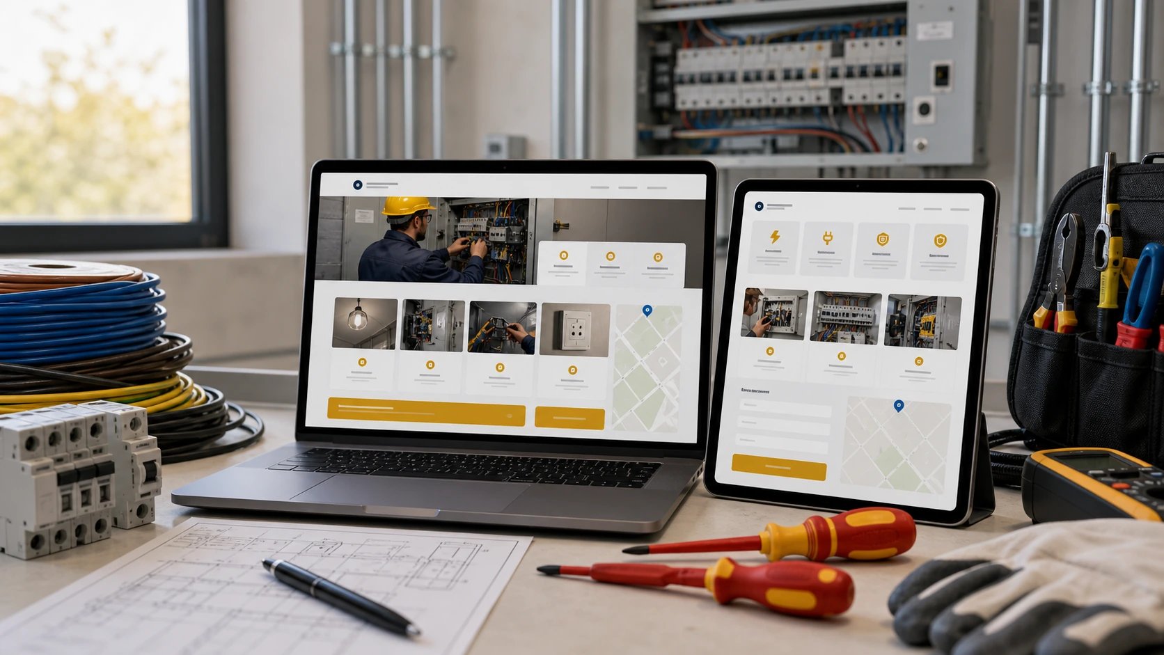 Pantalla o composición visual mostrando servicios, fotos, ubicación, contacto, propuesta comercial y estructura de servicio de instalaciones electricas de forma clara.