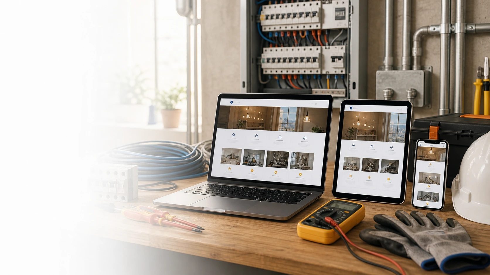 Mockup comercial premium para la sección hero de servicio de instalaciones electricas: computadora, tablet y teléfono mostrando una web del rubro, fondo realista del contexto.