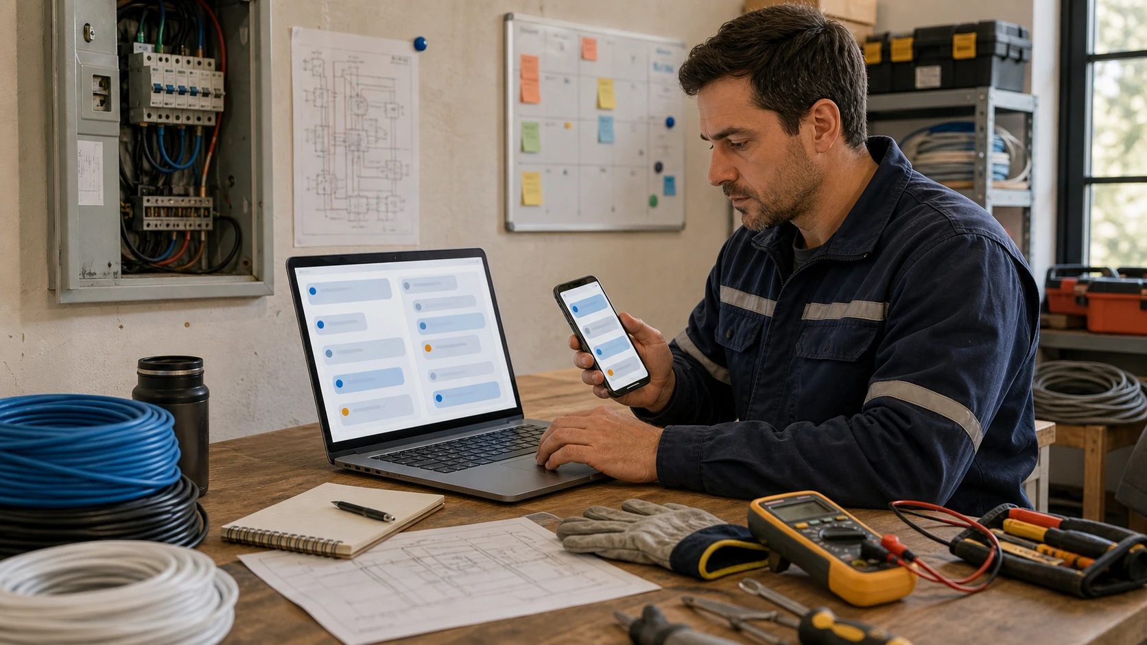 Persona o equipo de servicio de instalaciones electricas gestionando consultas, turnos, reservas, pedidos, presupuestos o mensajes desde notebook/celular.