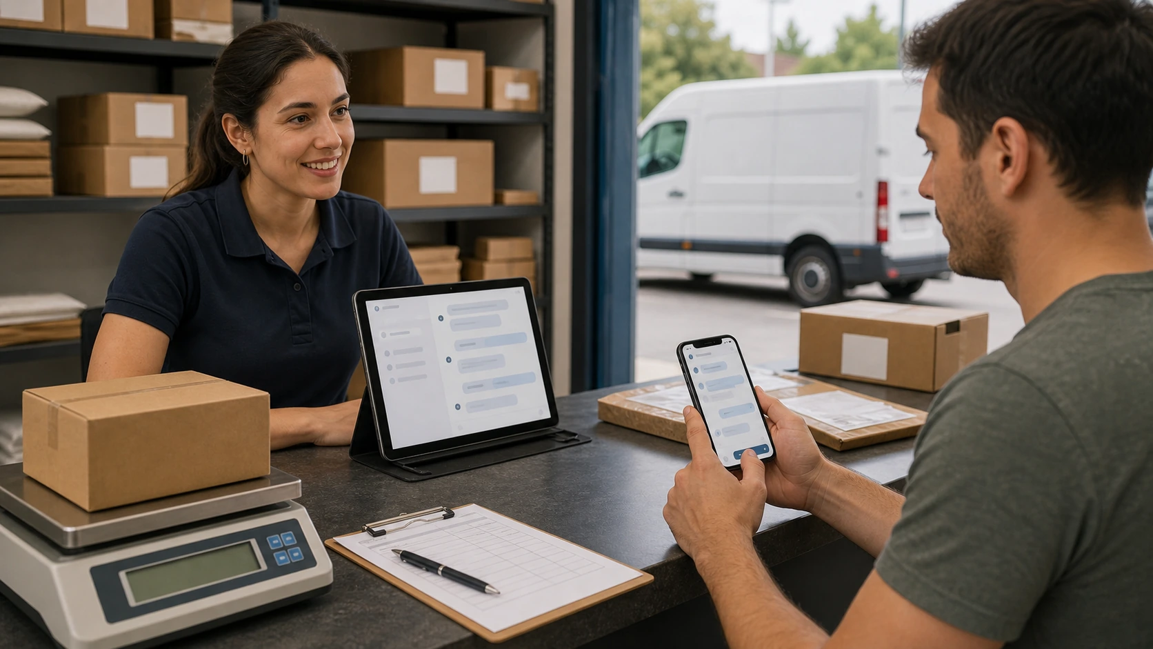 Cliente, paciente o interesado consultando por WhatsApp o formulario en contexto de empresa de encomiendas.