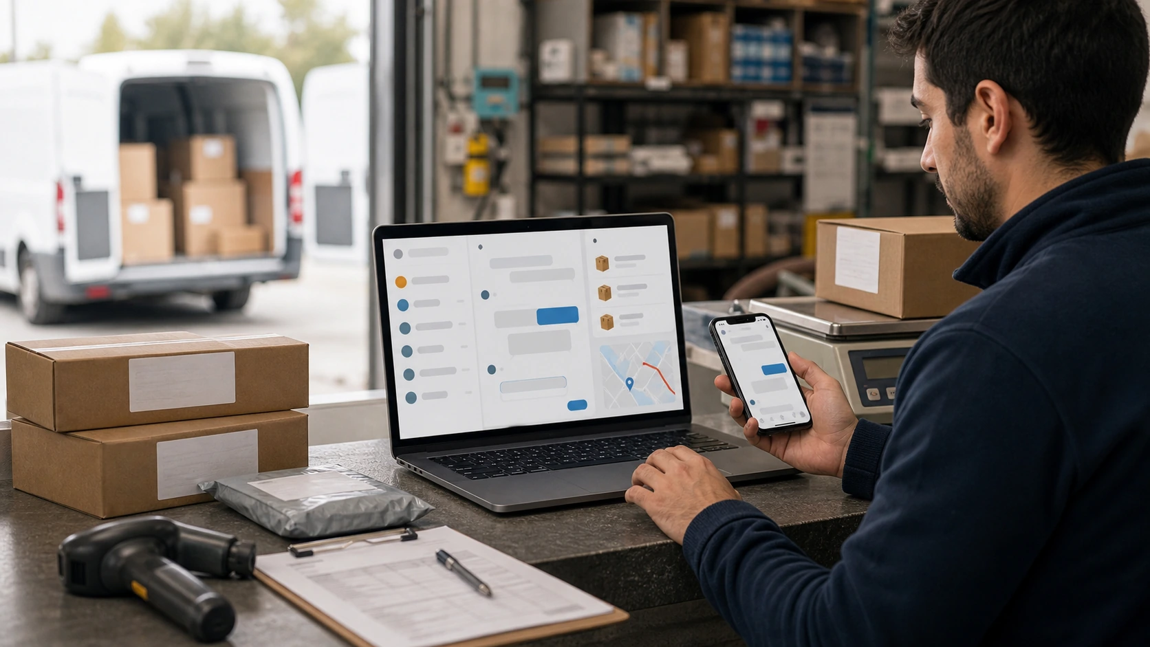Mockup comercial premium para la sección hero de empresa de encomiendas: computadora, tablet y teléfono mostrando una web del rubro, fondo realista del contexto.