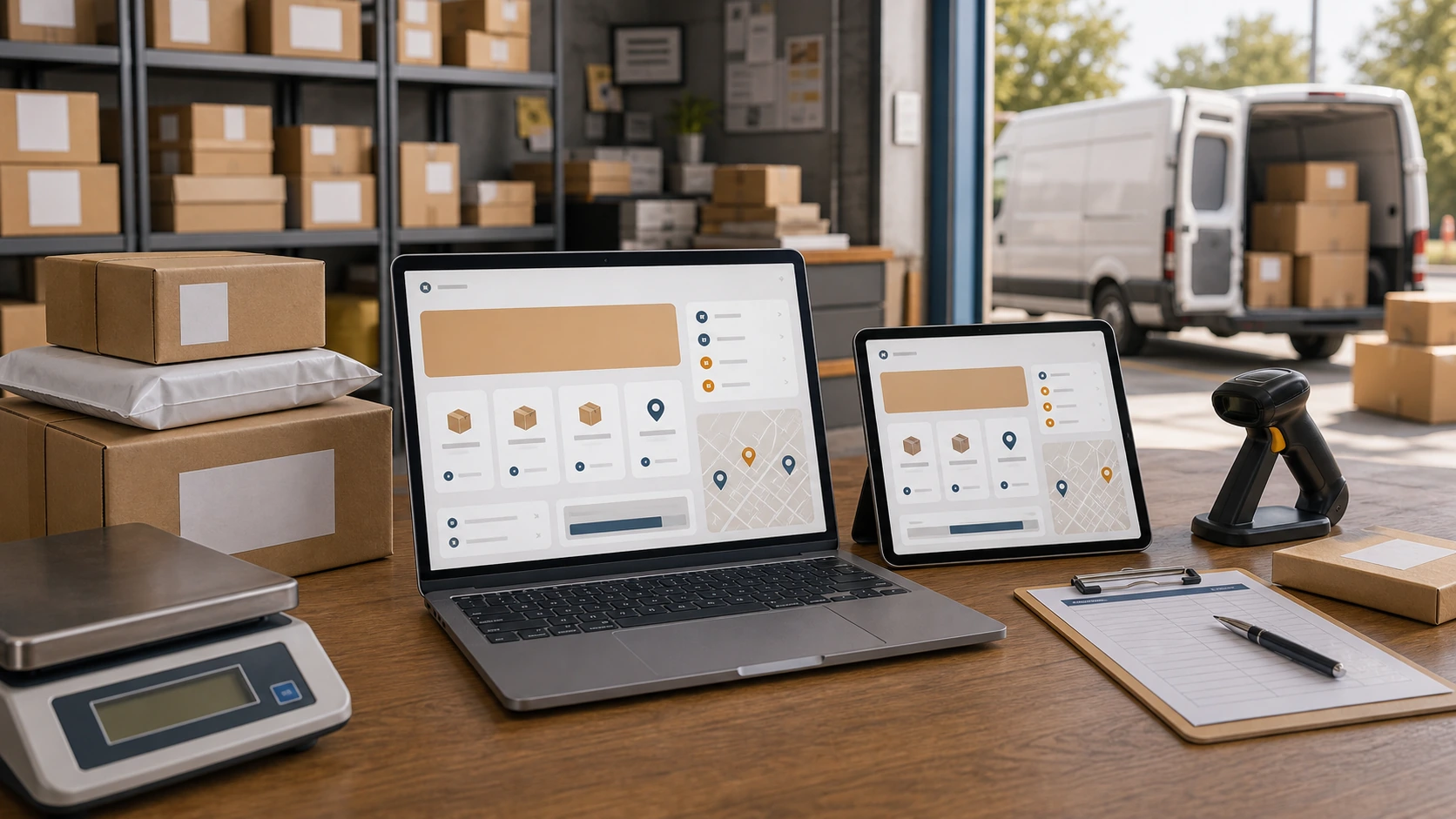 Persona o equipo de empresa de encomiendas gestionando consultas, turnos, reservas, pedidos, presupuestos o mensajes desde notebook/celular.