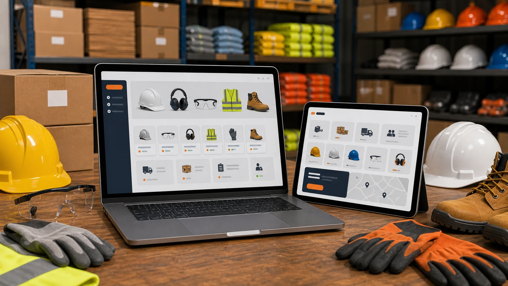 Pantalla o composición visual mostrando servicios, fotos, ubicación, contacto, propuesta comercial y estructura de empresa de EPP de forma clara.