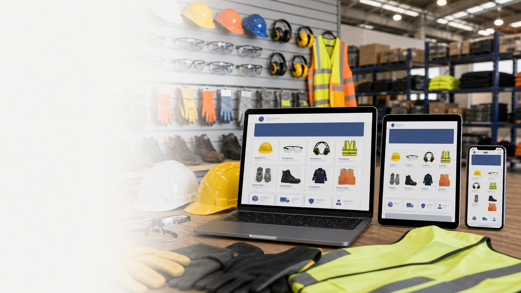 Mockup comercial premium para la sección hero de empresa de EPP: computadora, tablet y teléfono mostrando una web del rubro, fondo realista del contexto.