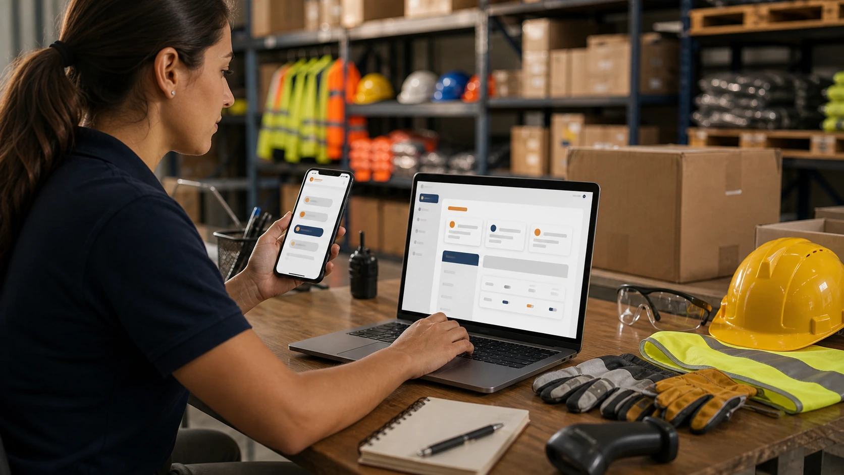 Persona o equipo de empresa de EPP gestionando consultas, turnos, reservas, pedidos, presupuestos o mensajes desde notebook/celular.