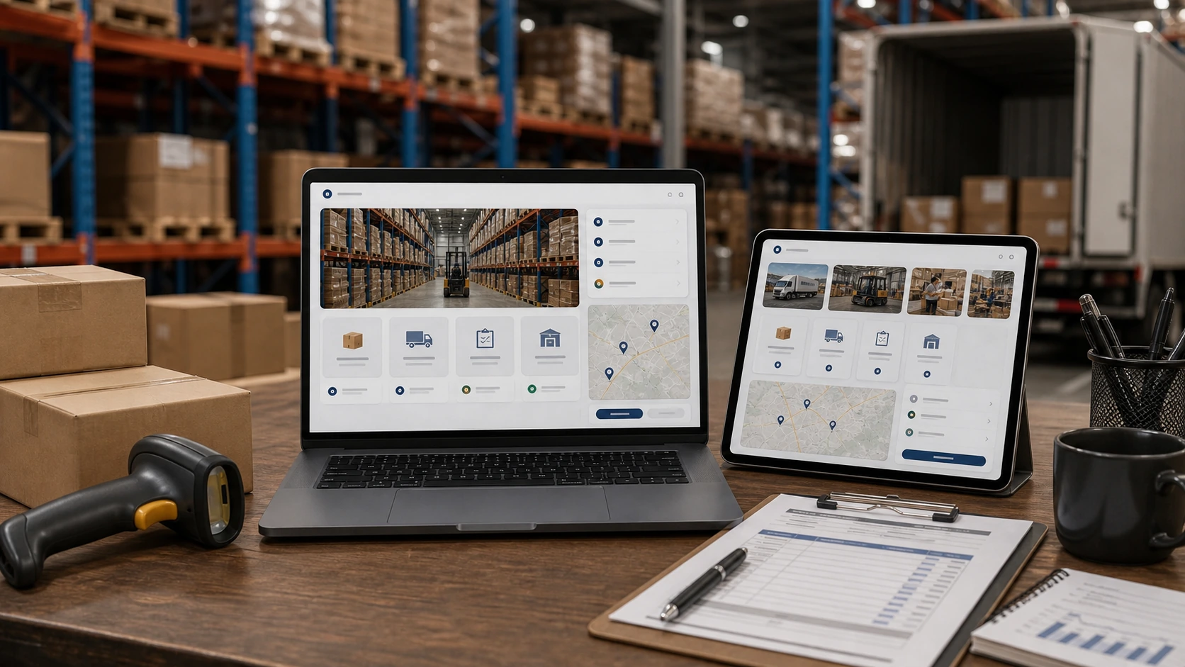 Pantalla o composición visual mostrando servicios, fotos, ubicación, contacto, propuesta comercial y estructura de empresa de logistica de forma clara.
