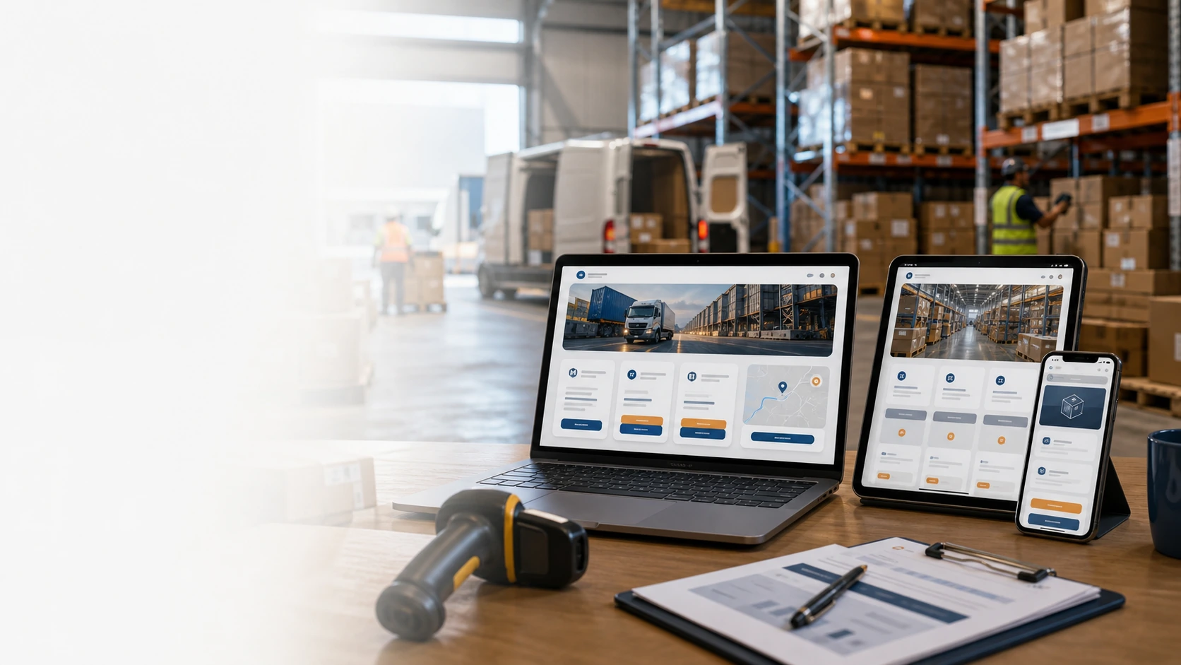 Mockup comercial premium para la sección hero de empresa de logistica: computadora, tablet y teléfono mostrando una web del rubro, fondo realista del contexto.