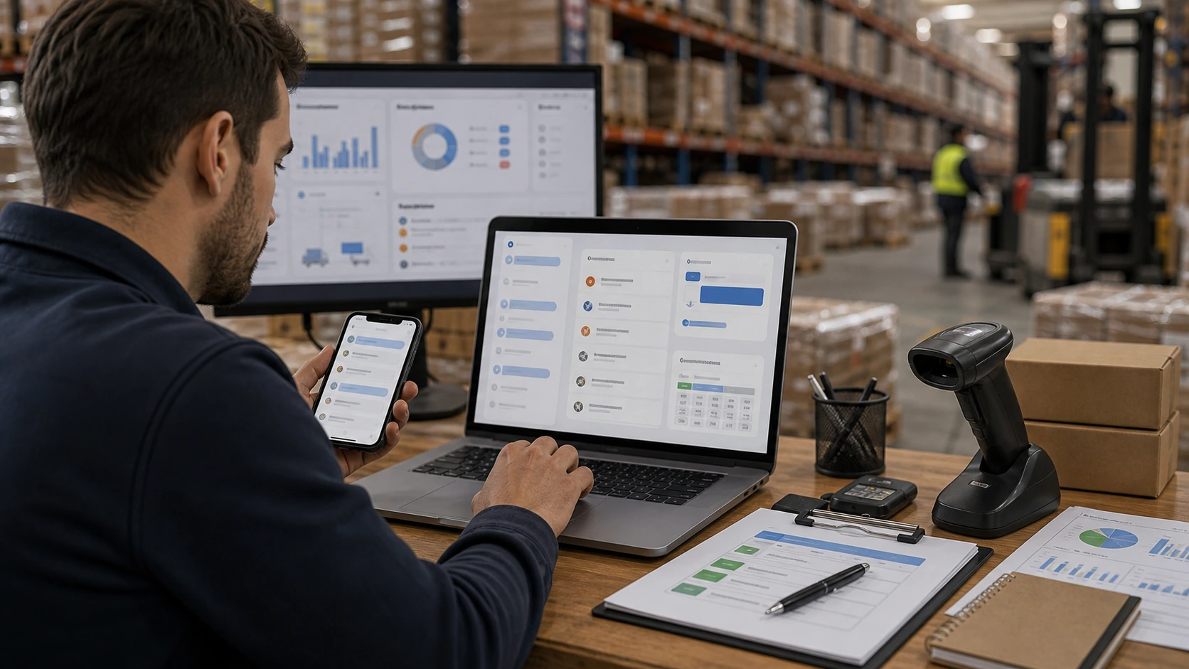 Persona o equipo de empresa de logistica gestionando consultas, turnos, reservas, pedidos, presupuestos o mensajes desde notebook/celular.