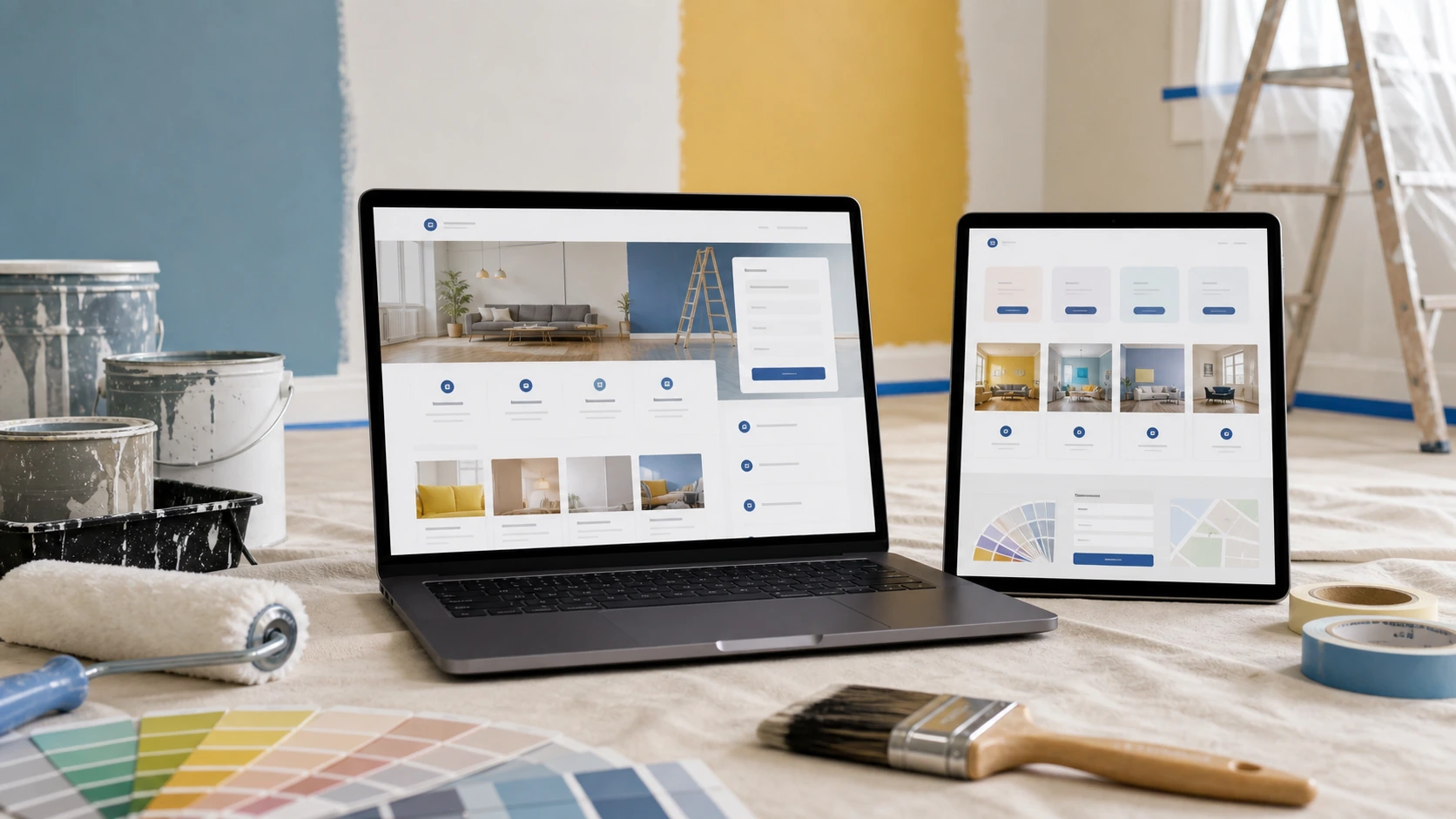 Pantalla o composición visual mostrando servicios, fotos, ubicación, contacto, propuesta comercial y estructura de empresa de pintura de forma clara.