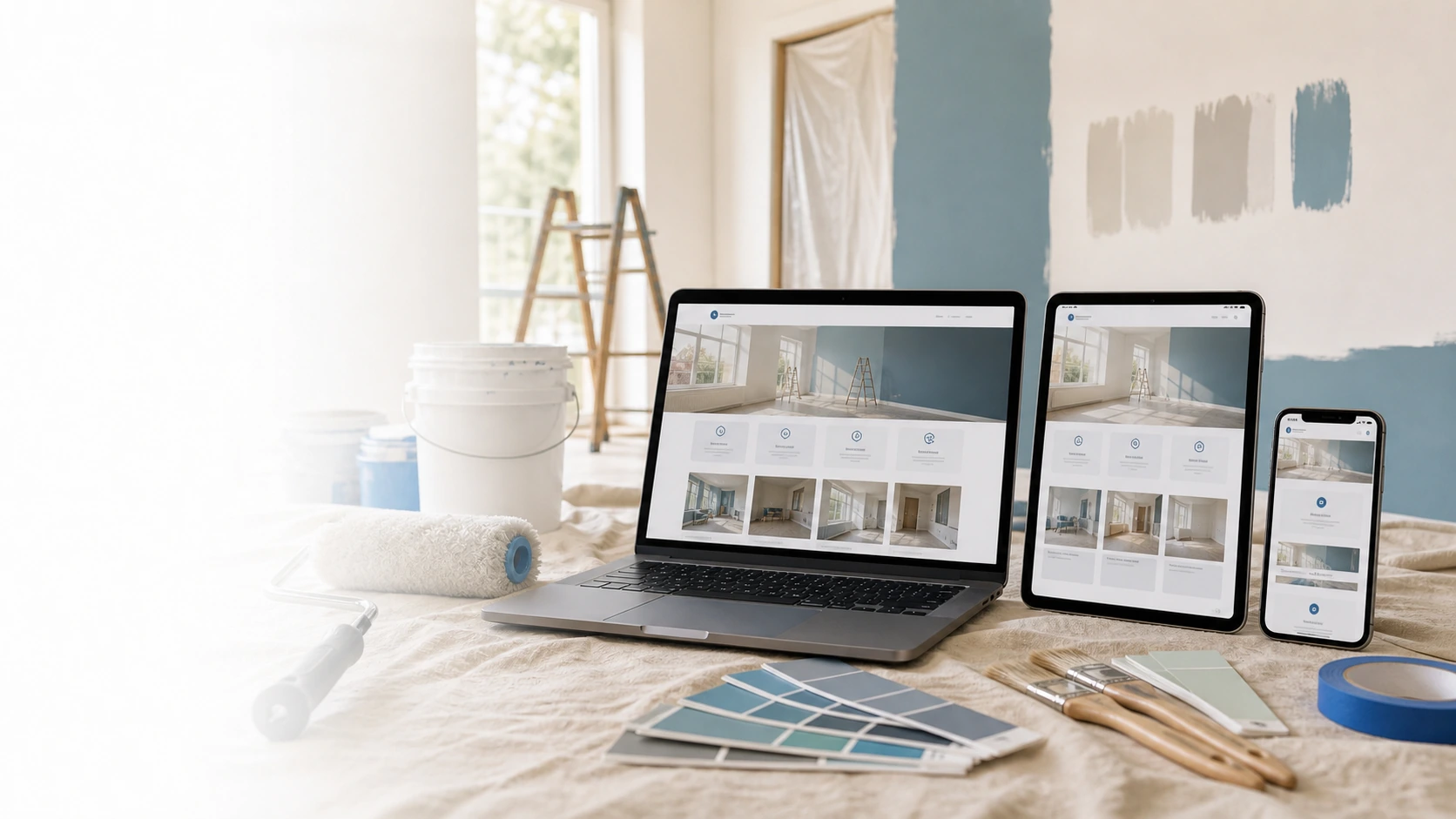 Mockup comercial premium para la sección hero de empresa de pintura: computadora, tablet y teléfono mostrando una web del rubro, fondo realista del contexto.