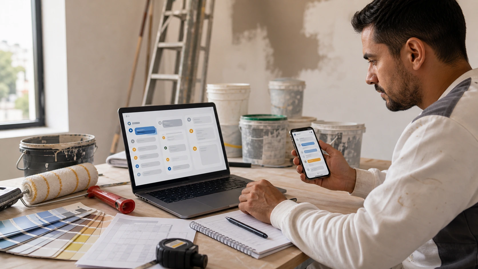 Persona o equipo de empresa de pintura gestionando consultas, turnos, reservas, pedidos, presupuestos o mensajes desde notebook/celular.