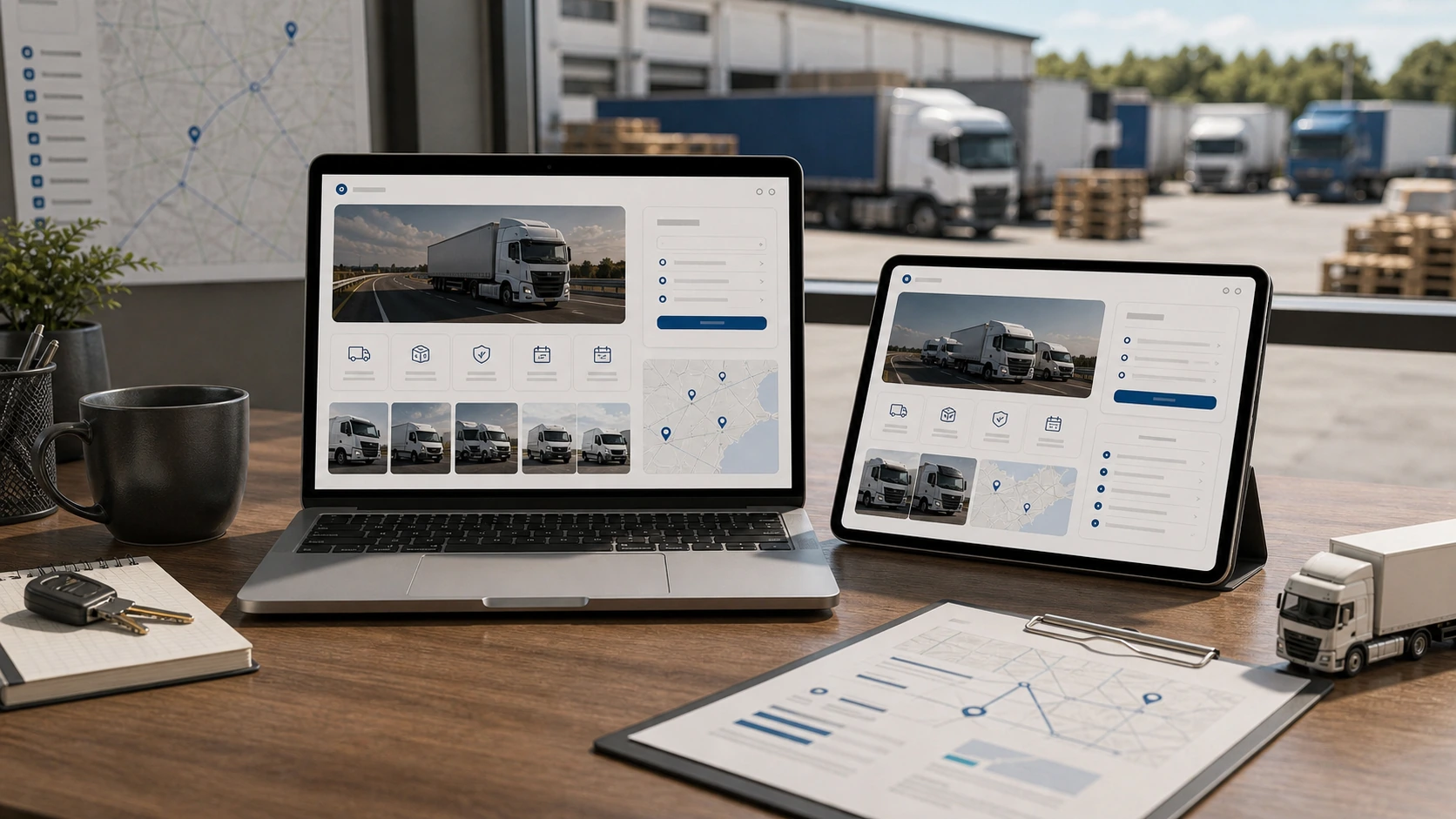 Pantalla o composición visual mostrando servicios, fotos, ubicación, contacto, propuesta comercial y estructura de empresa de transporte de forma clara.
