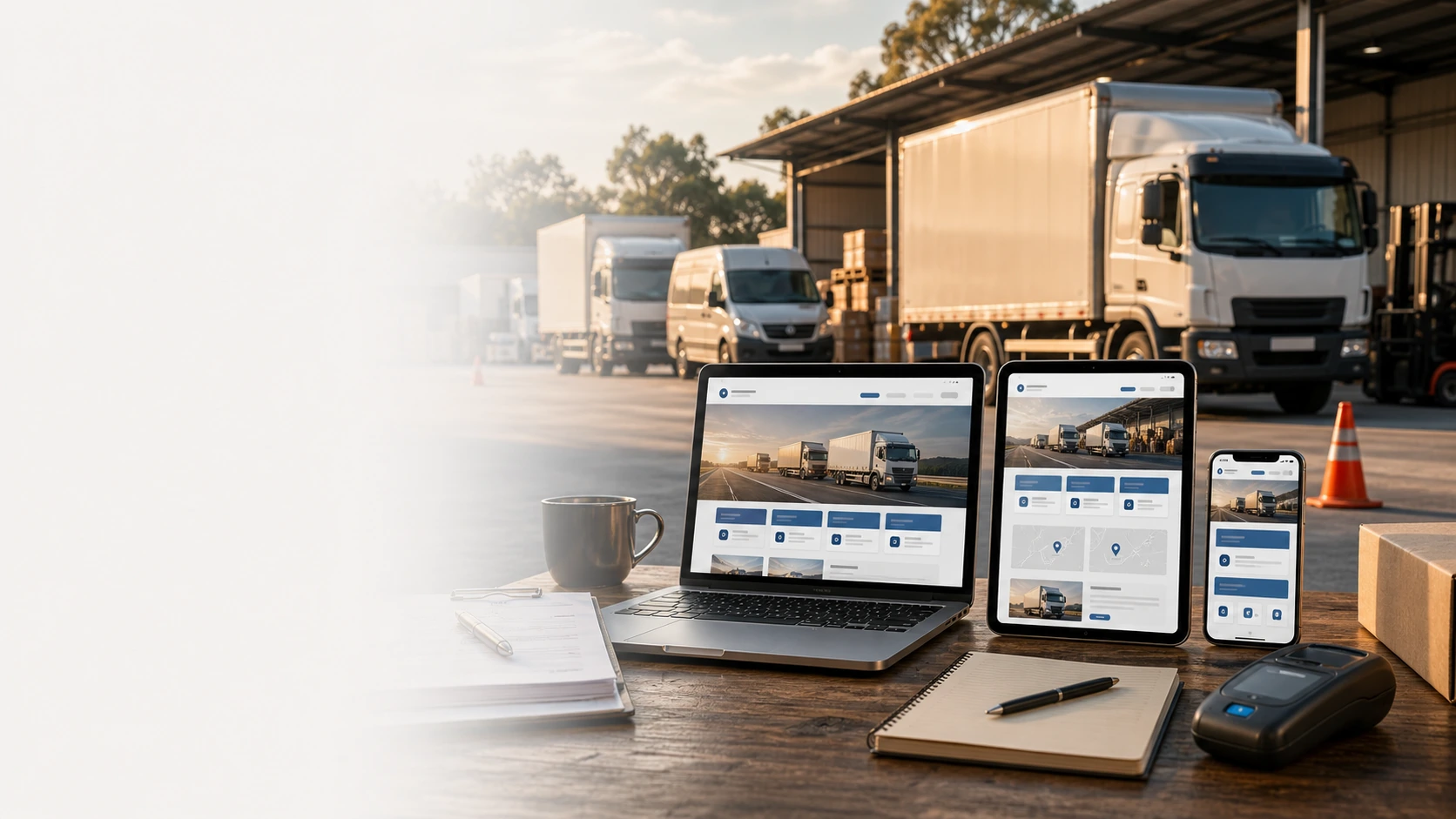 Mockup comercial premium para la sección hero de empresa de transporte: computadora, tablet y teléfono mostrando una web del rubro, fondo realista del contexto.