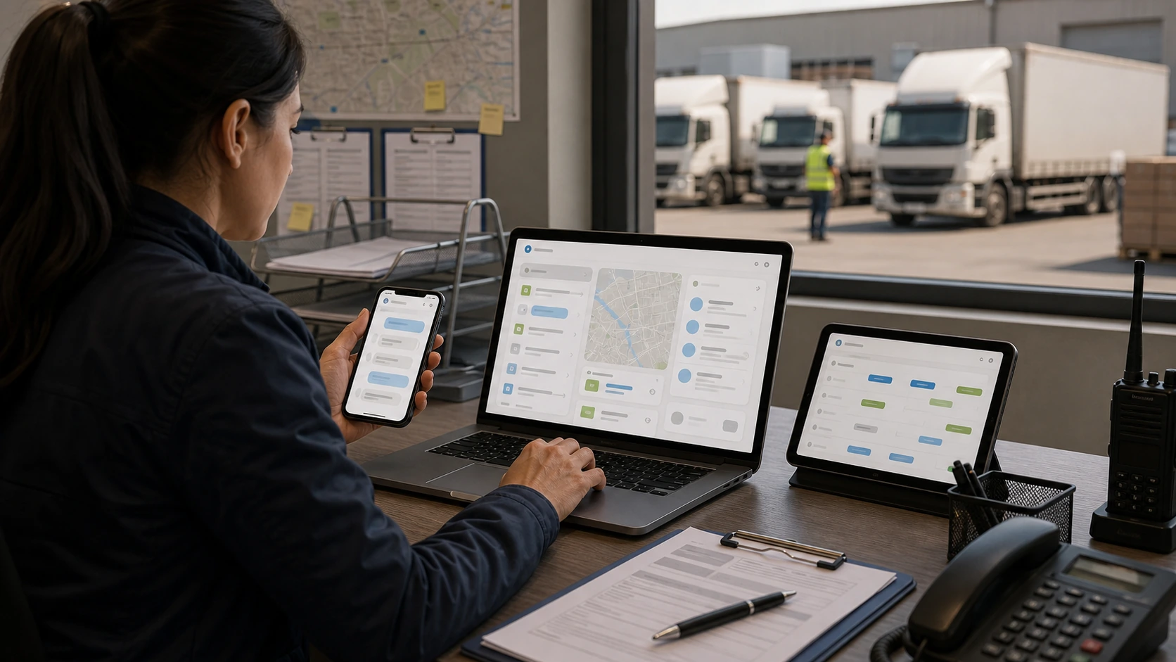 Persona o equipo de empresa de transporte gestionando consultas, turnos, reservas, pedidos, presupuestos o mensajes desde notebook/celular.