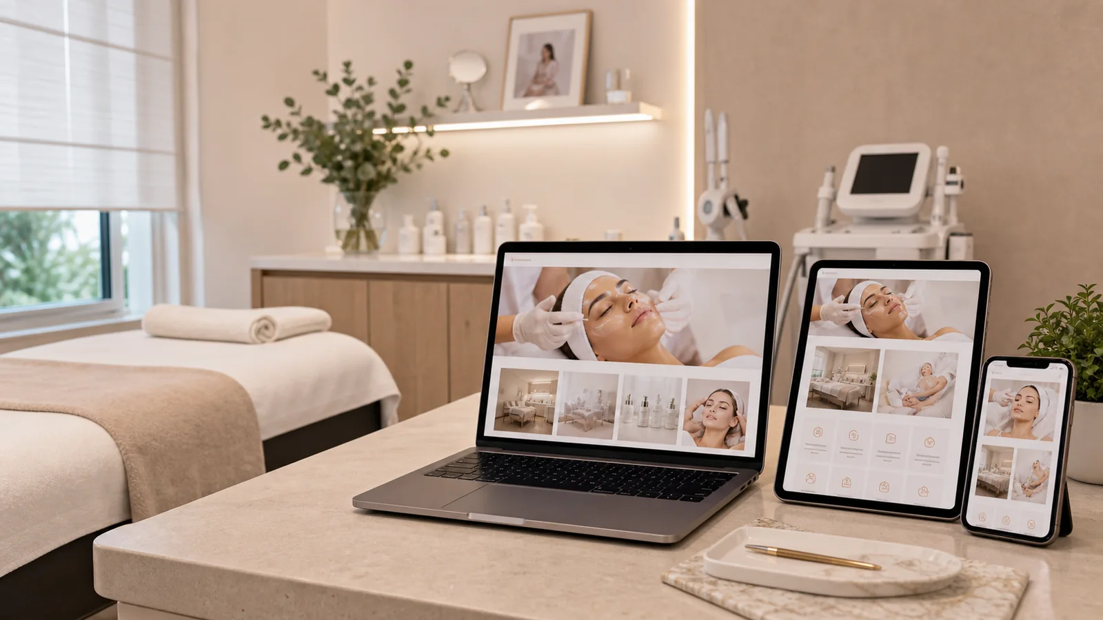Mockup de pagina web para centro de estetica en dispositivos sobre un ambiente de tratamientos
