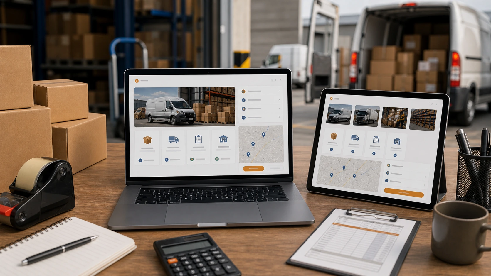 Pantalla o composición visual mostrando servicios, fotos, ubicación, contacto, propuesta comercial y estructura de servicio de fletes empresariales de forma clara.