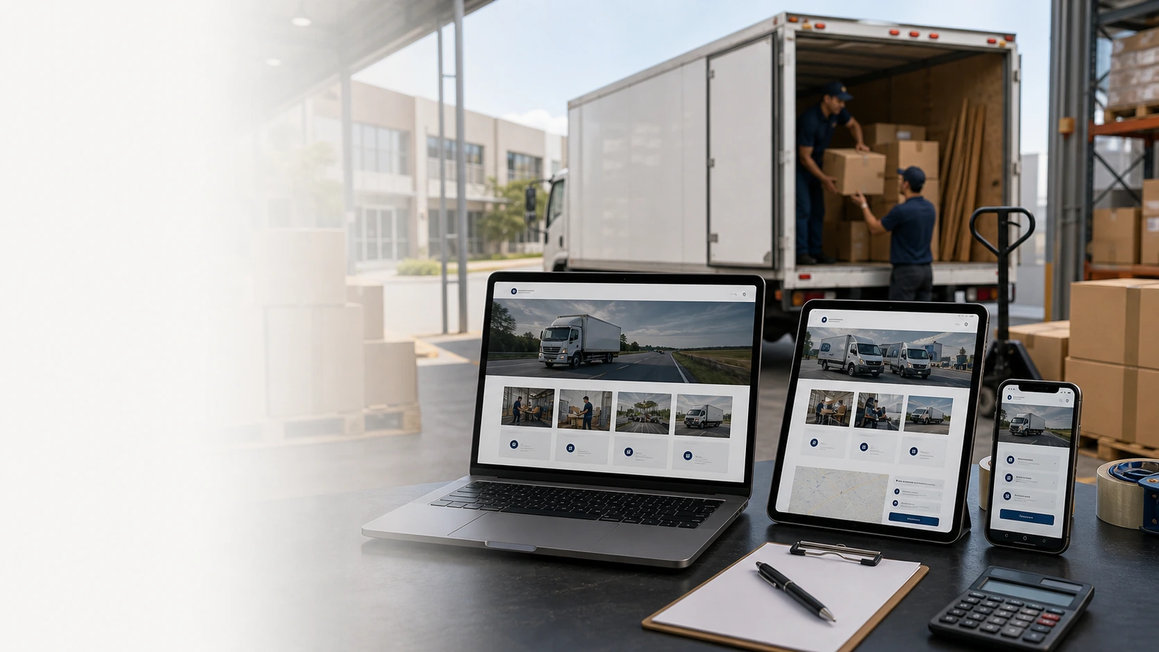 Mockup comercial premium para la sección hero de servicio de fletes empresariales: computadora, tablet y teléfono mostrando una web del rubro, fondo realista del contexto.