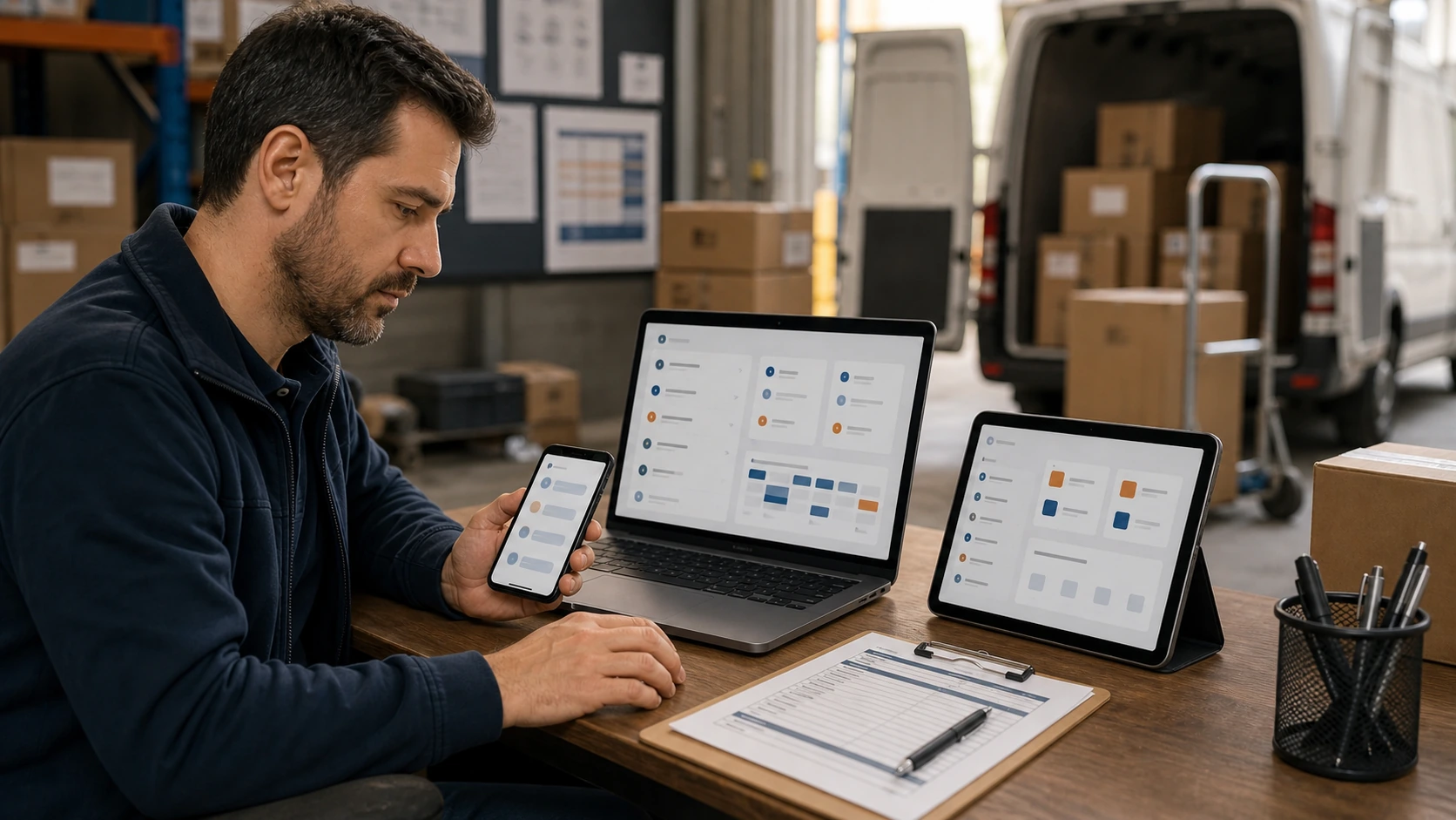 Persona o equipo de servicio de fletes empresariales gestionando consultas, turnos, reservas, pedidos, presupuestos o mensajes desde notebook/celular.
