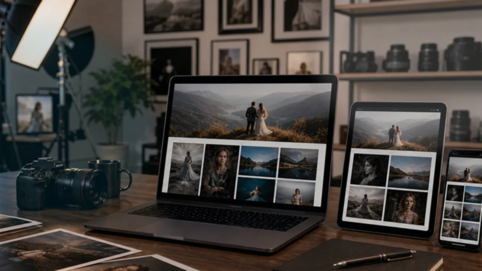 Pantalla o composición visual mostrando servicios, fotos, ubicación, contacto, propuesta comercial y estructura de fotógrafos y portfolios de forma clara.