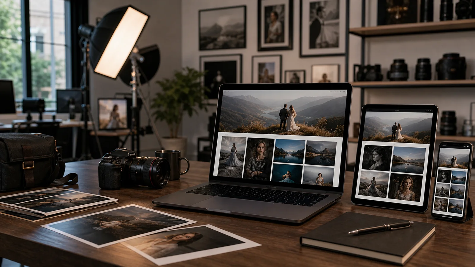 Mockup comercial premium para la sección hero de fotógrafos y portfolios: computadora, tablet y teléfono mostrando una web del rubro, fondo realista del contexto.
