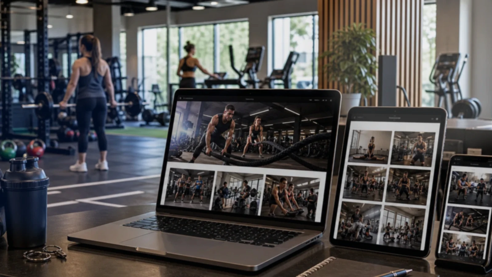 Pantalla o composición visual mostrando servicios, fotos, ubicación, contacto, propuesta comercial y estructura de gimnasios y centros de entrenamiento de forma clara.