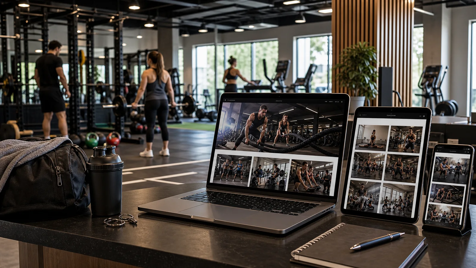 Mockup comercial premium para la sección hero de gimnasios y centros de entrenamiento: computadora, tablet y teléfono mostrando una web del rubro, fondo realista del contexto.