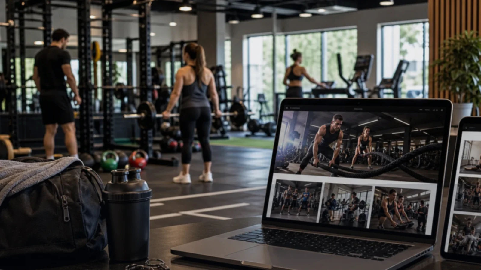 Persona o equipo de gimnasios y centros de entrenamiento gestionando consultas, turnos, reservas, pedidos, presupuestos o mensajes desde notebook/celular.