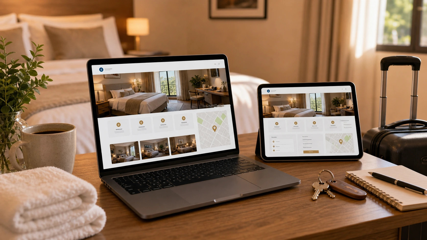 Pantalla o composición visual mostrando servicios, fotos, ubicación, contacto, propuesta comercial y estructura de hospedaje de forma clara.
