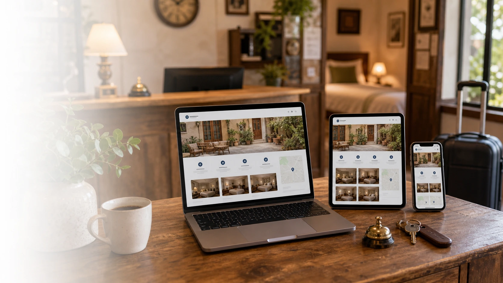Mockup comercial premium para la sección hero de hospedaje: computadora, tablet y teléfono mostrando una web del rubro, fondo realista del contexto.