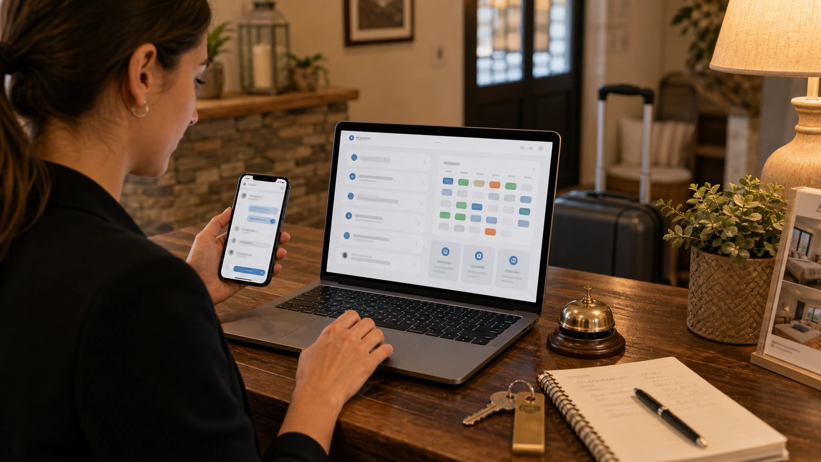 Persona o equipo de hospedaje gestionando consultas, turnos, reservas, pedidos, presupuestos o mensajes desde notebook/celular.