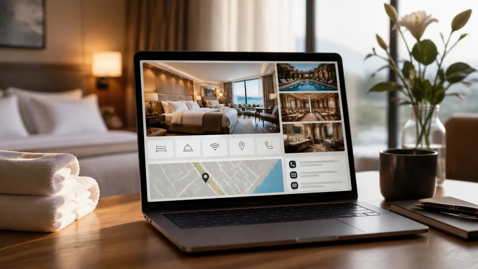 Fotos de habitaciones, servicios y ubicacion de hotel organizados en una pantalla