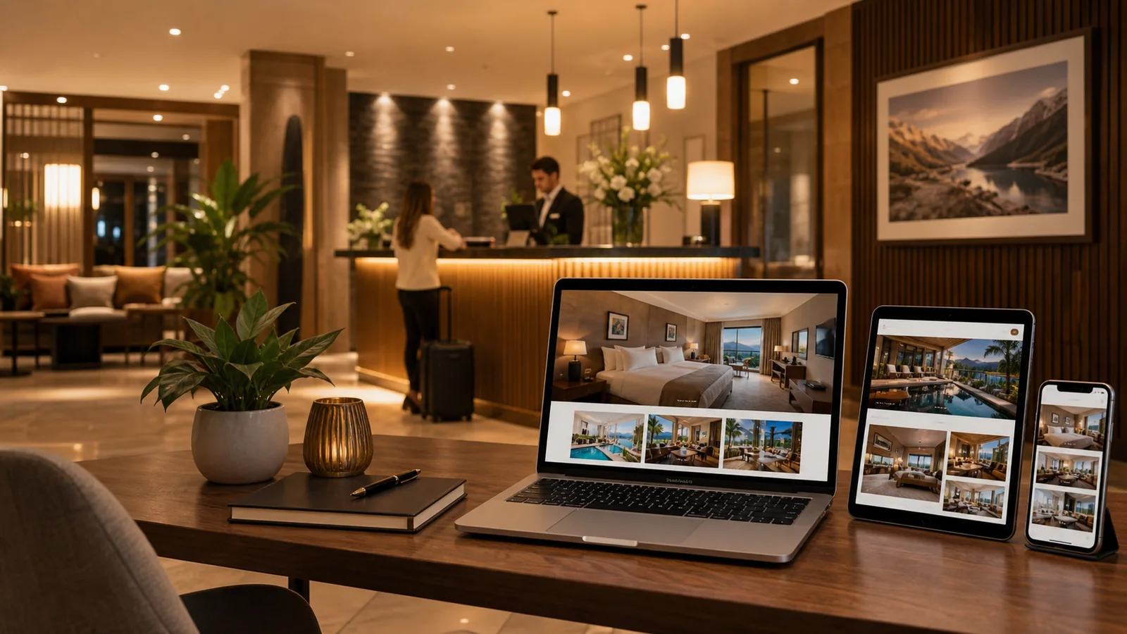 Mockup de pagina web para hotel en computadora, tablet y telefono sobre un lobby moderno