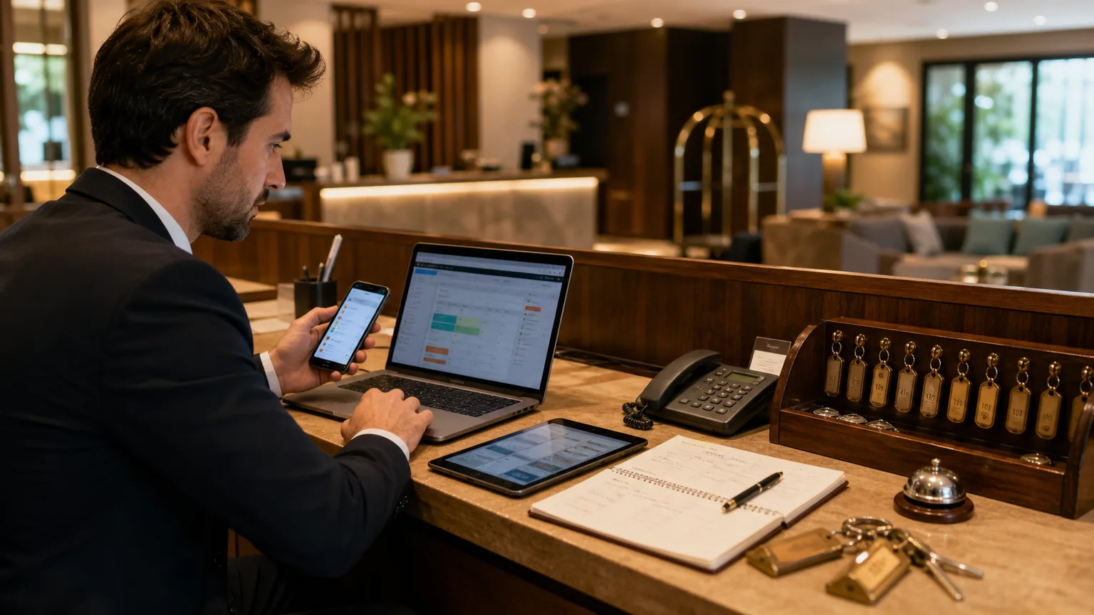 Administrador hotelero revisando reservas y consultas desde notebook y celular