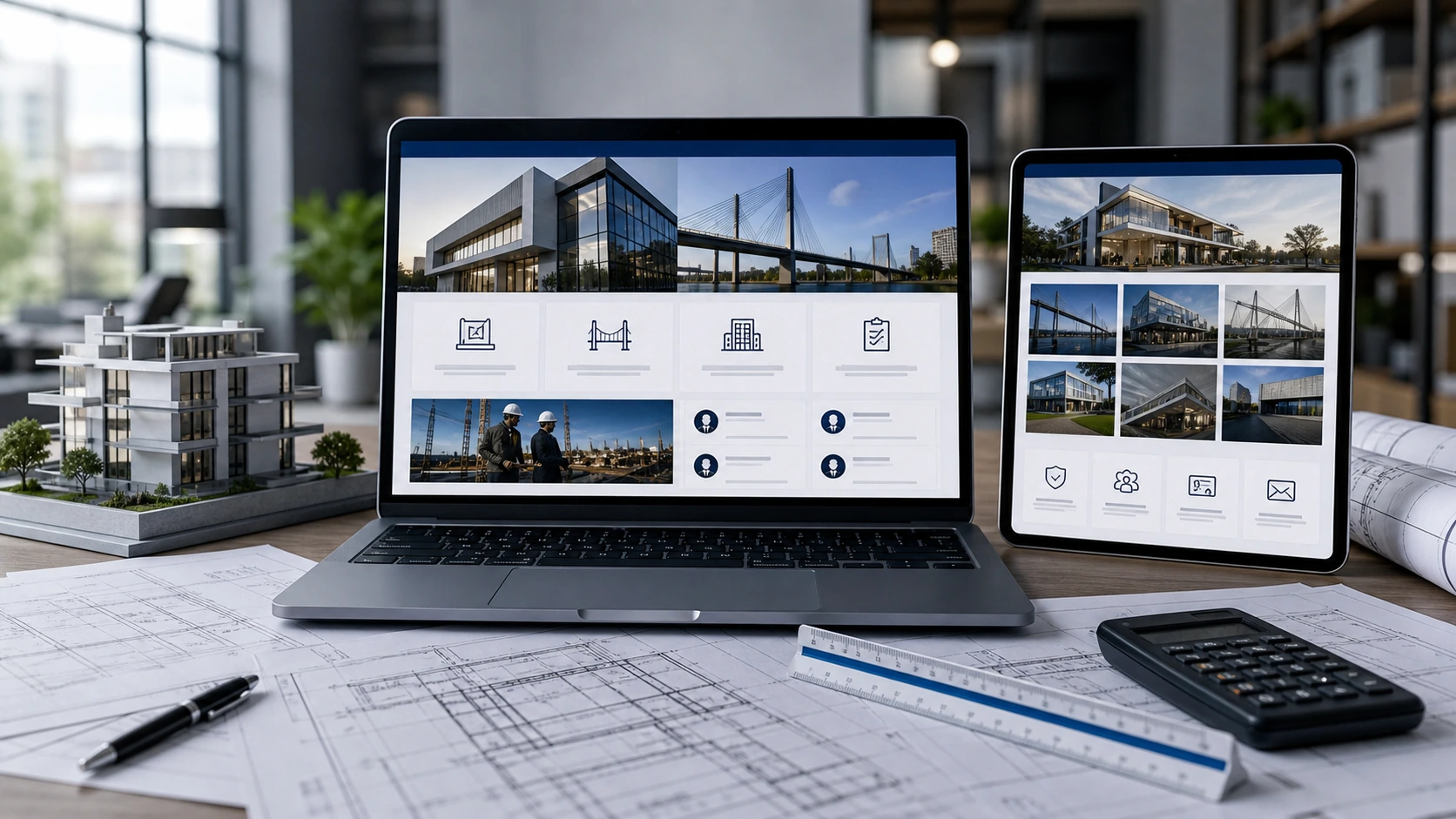 Pantalla o composición visual mostrando servicios, fotos, ubicación, contacto, propuesta comercial y estructura de estudio de ingenieria de forma clara.