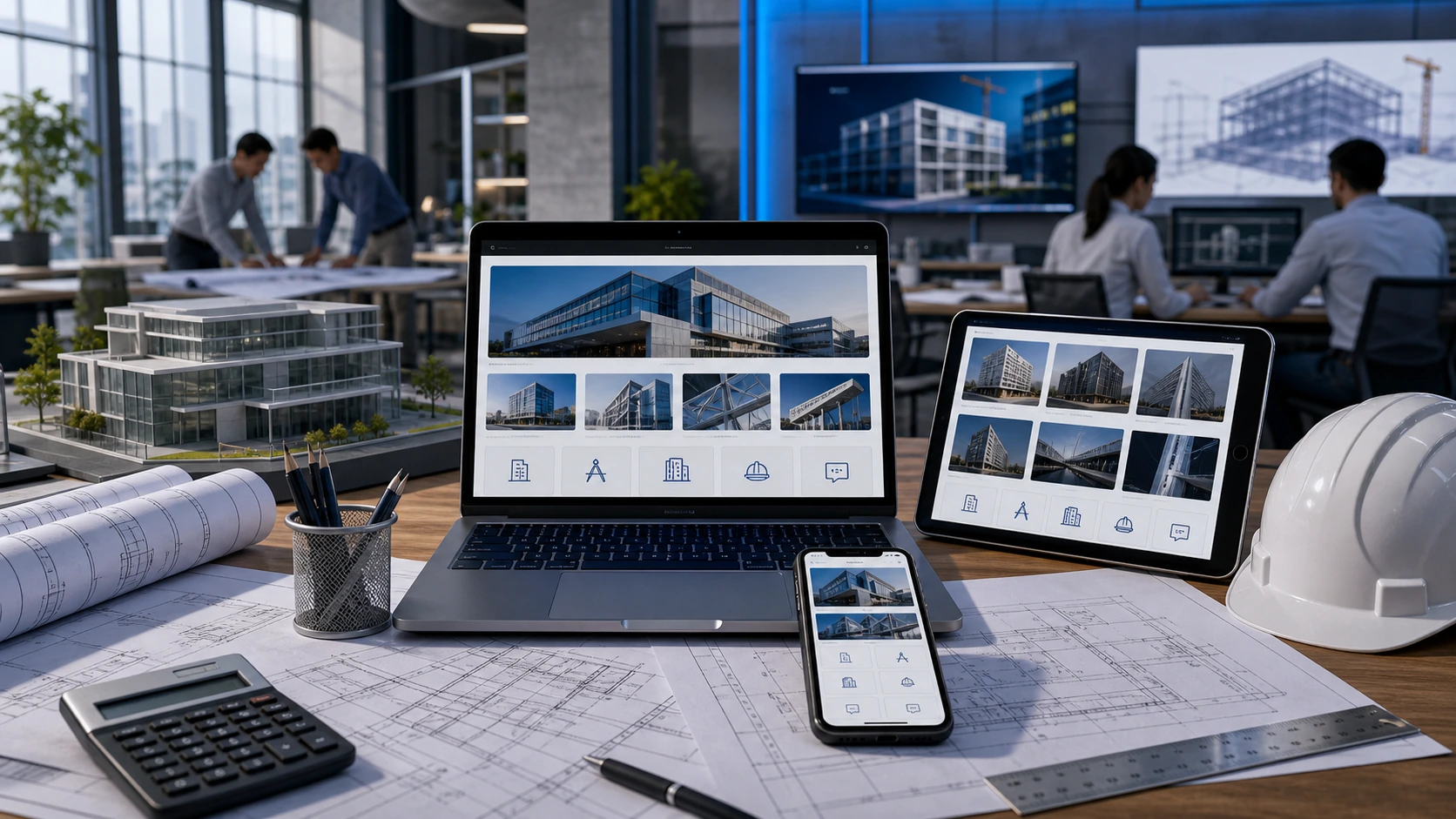 Mockup comercial premium para la sección hero de estudio de ingenieria: computadora, tablet y teléfono mostrando una web del rubro, fondo realista del contexto.
