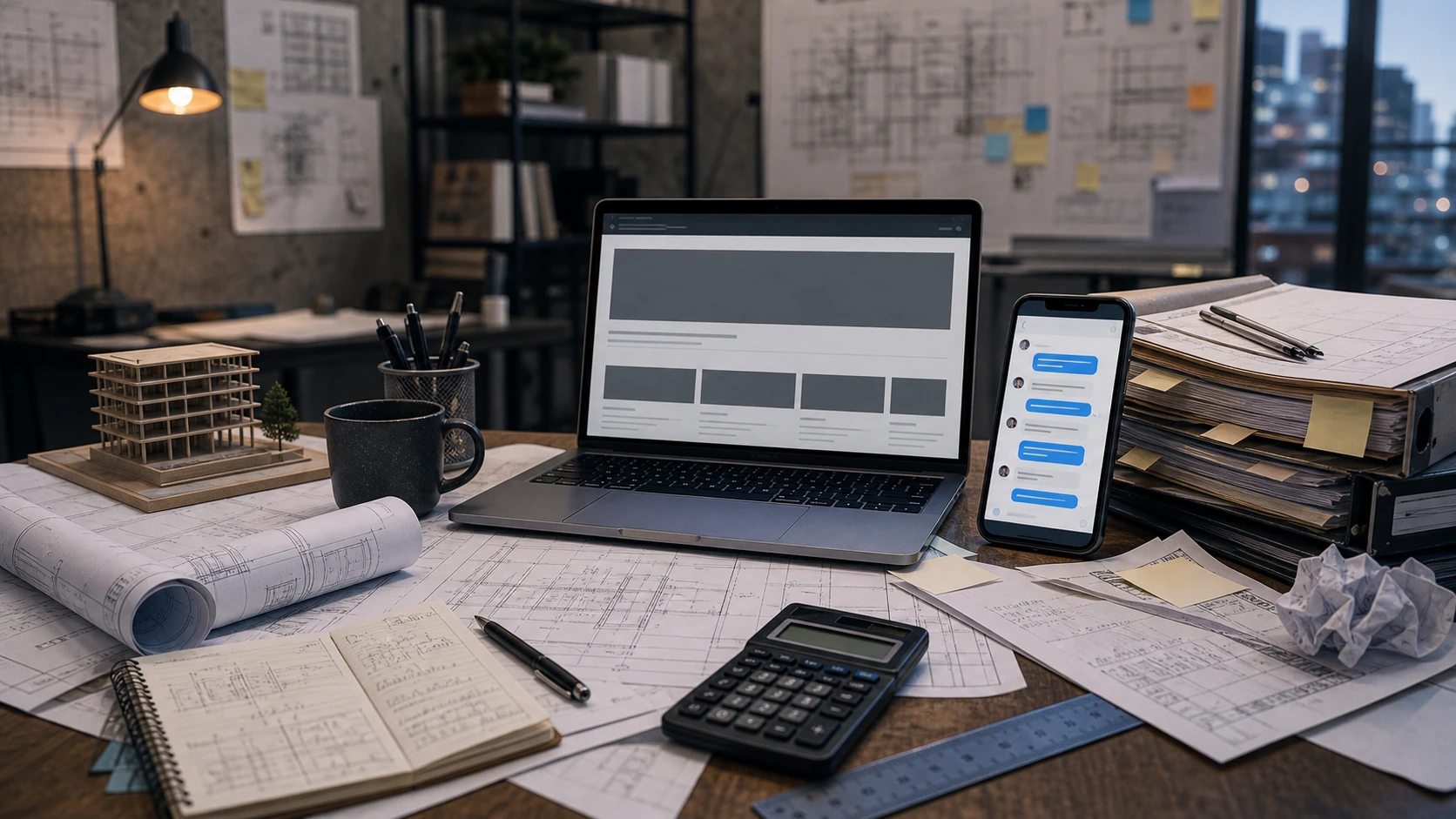 Persona o equipo de estudio de ingenieria gestionando consultas, turnos, reservas, pedidos, presupuestos o mensajes desde notebook/celular.
